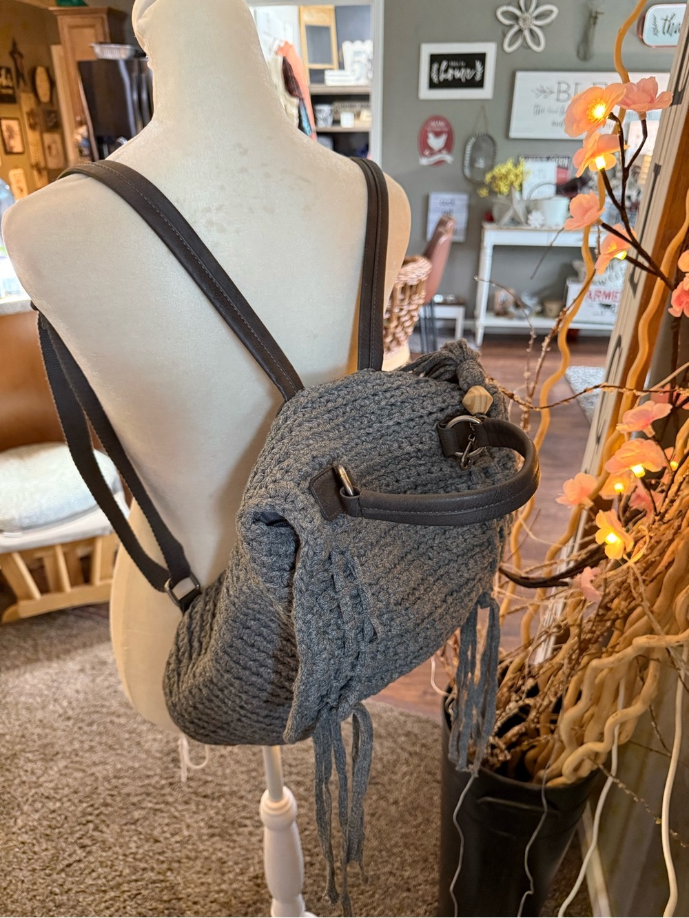The Sak Gray Knit Backpack with Dark Brown Straps